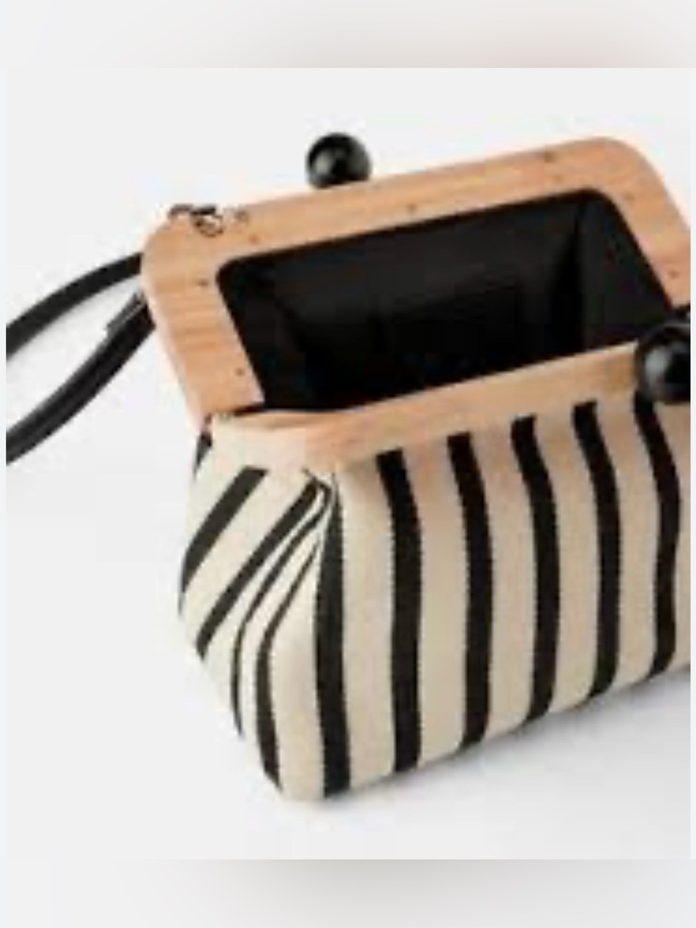 Zara Canvas Crossbody Bag, Wooden Kiss-Lock, Striped Cream & Black NWT Retail$69 - Picture 3 of 11